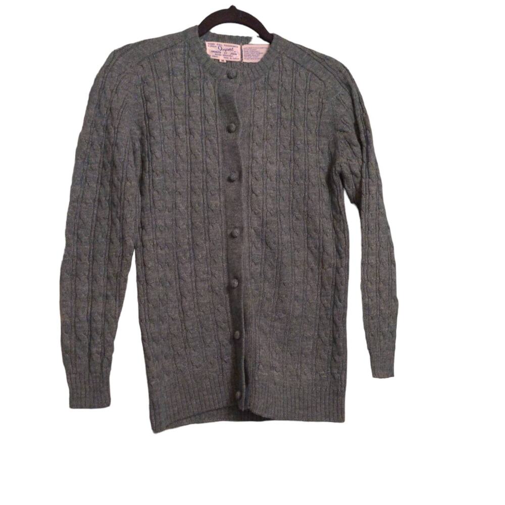 Andrew St. John Womens Vintage Cardigan Sweater Wool Green Cable Knit Crewneck M